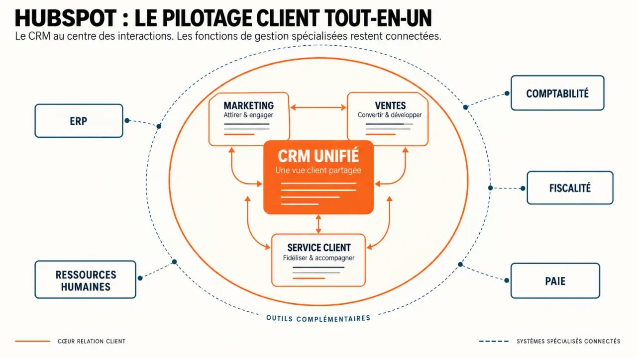 HubSpot outil gestion tout-en-un entreprise : périmètre du CRM, du marketing, des ventes et du service client face à l’ERP, la comptabilité et les RH
