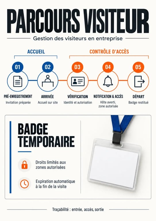 Infographie du parcours de gestion des visiteurs en entreprise, de l’invitation à la désactivation du badge
