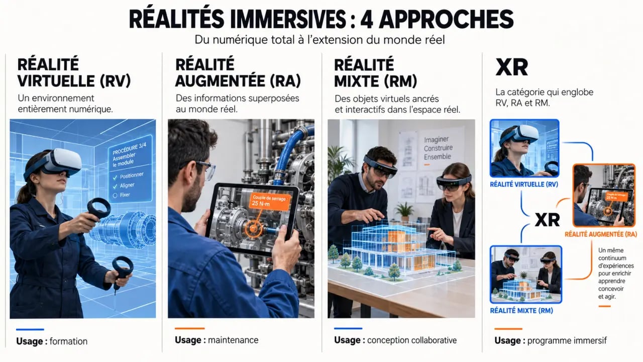 Entreprise réalité virtuelle : comparaison visuelle entre VR, AR, MR et XR pour les usages professionnels