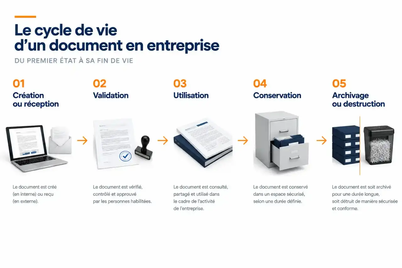 Schéma du cycle de vie documentaire dans la gestion de documents en entreprise, de la création à l'archivage ou la destruction