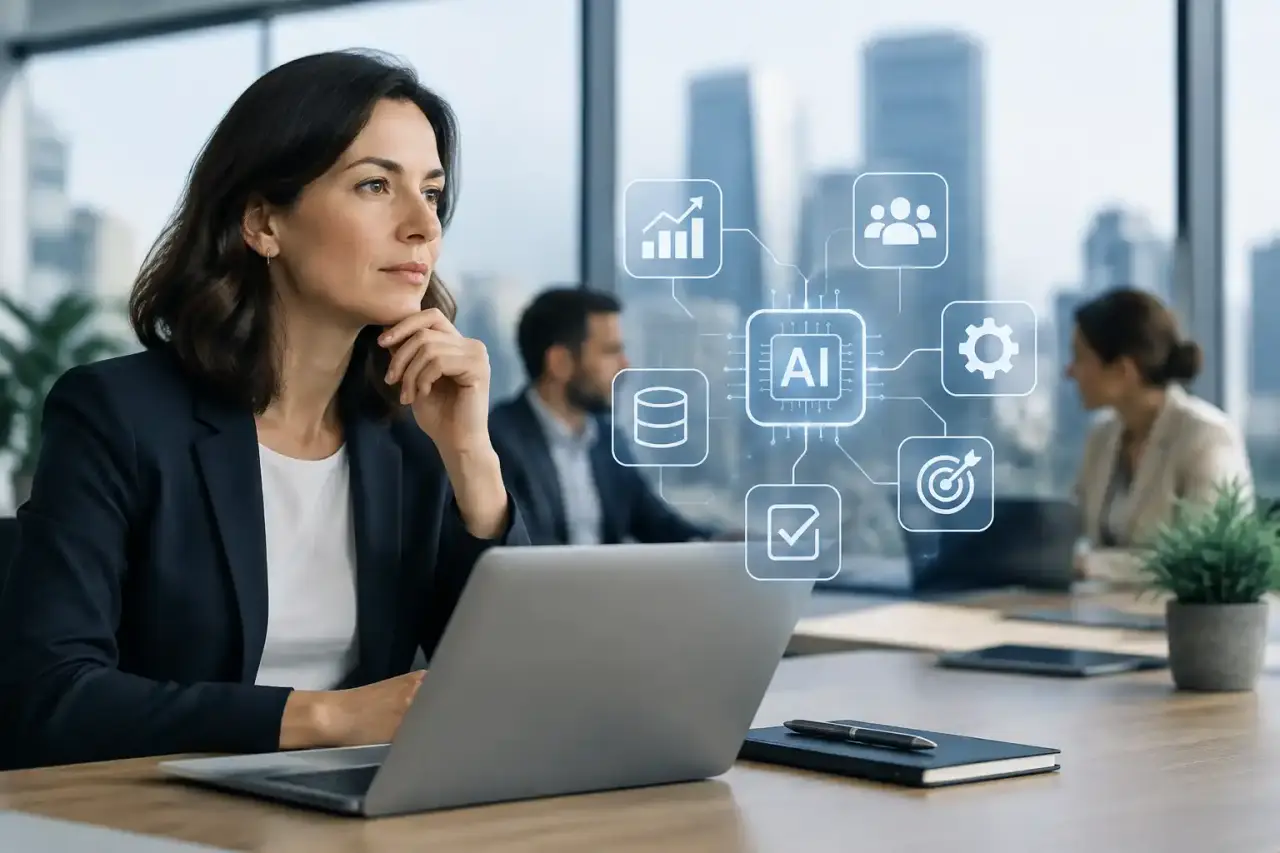 Dirigeants analysant des indicateurs de performance assistés par une intelligence artificielle