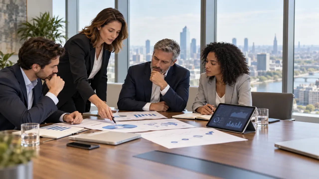 Dirigeants analysant une stratégie d’investissement autour d’une table de réunion