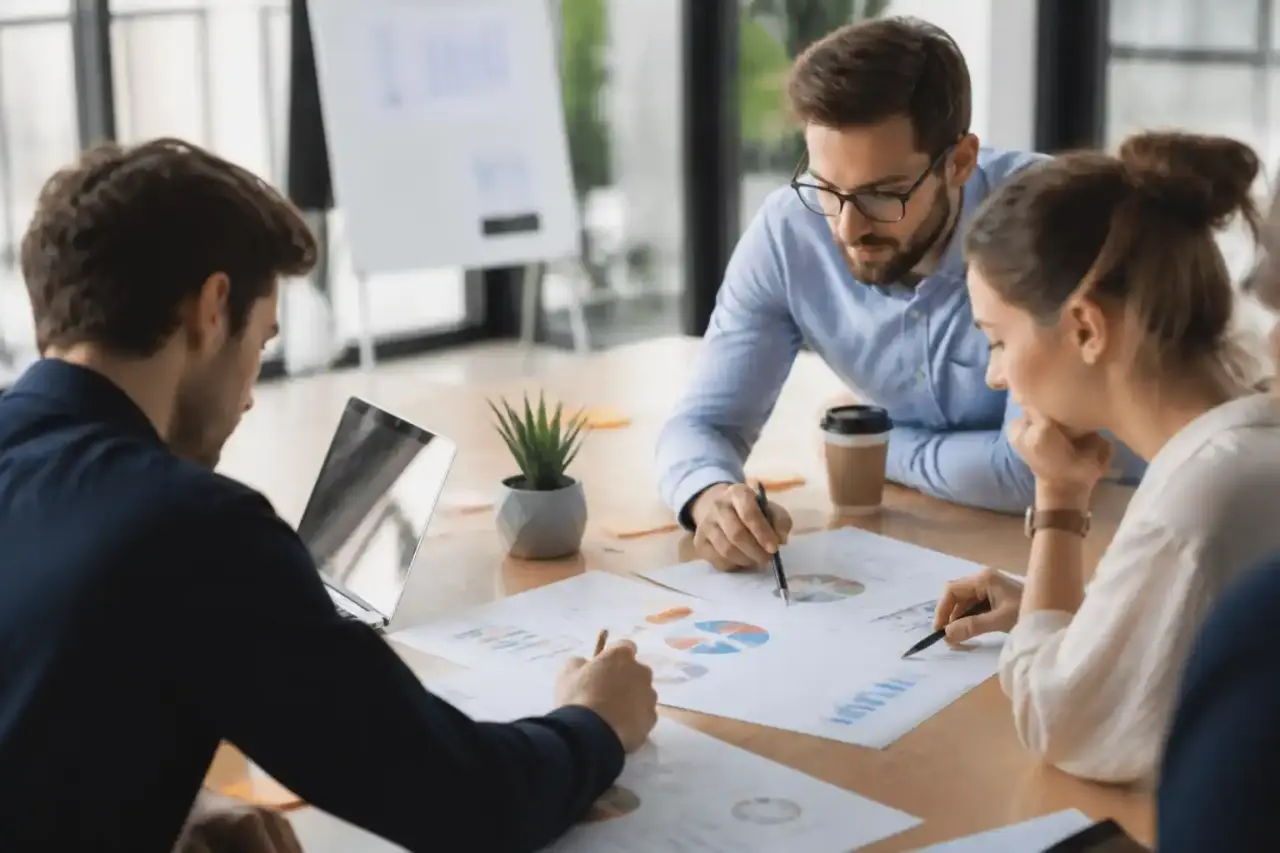 Équipe de direction analysant des indicateurs stratégiques sur un tableau blanc