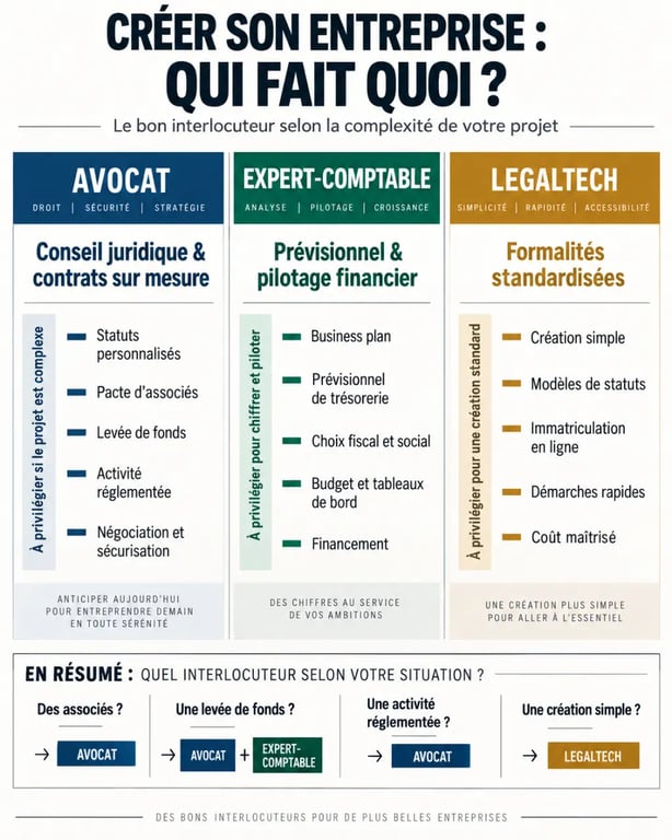 Infographie sur le rôle de l’avocat création entreprise face à l’expert-comptable et à la legaltech