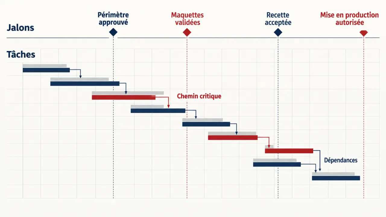Infographie sur les jalons gestion de projet dans un diagramme de Gantt