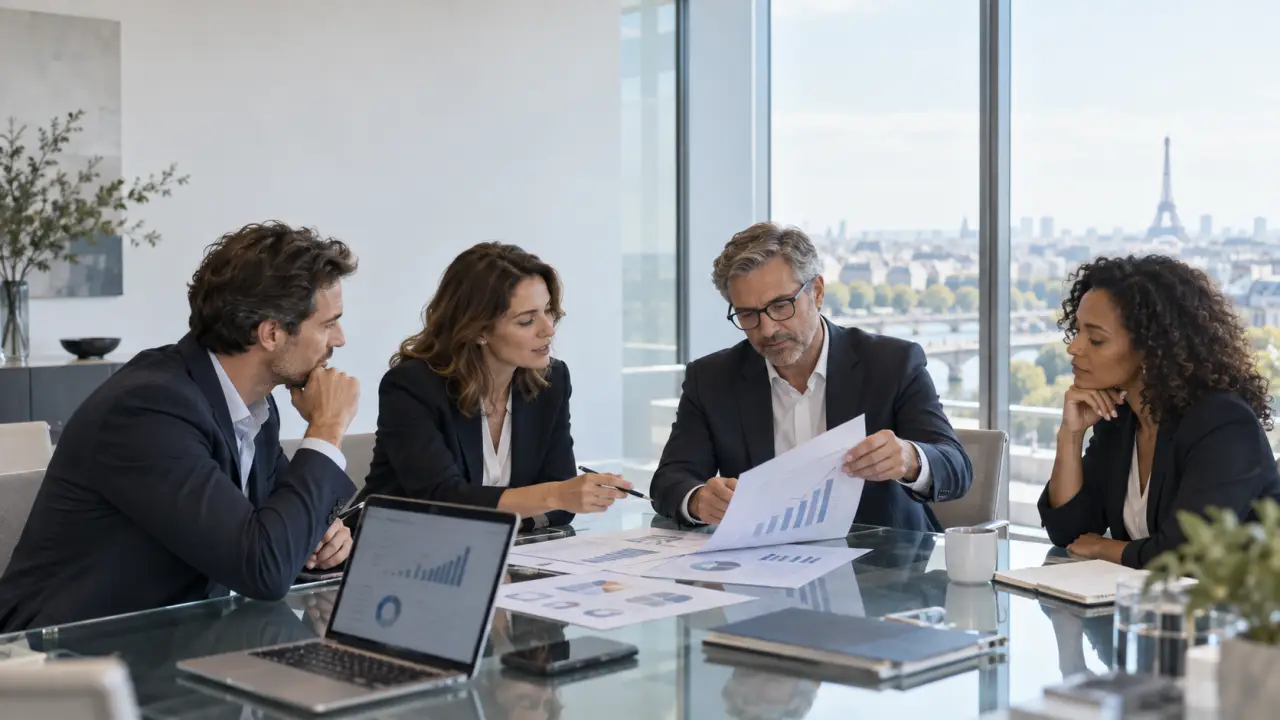 Dirigeants analysant les projections financières d'un business plan après une levée de fonds