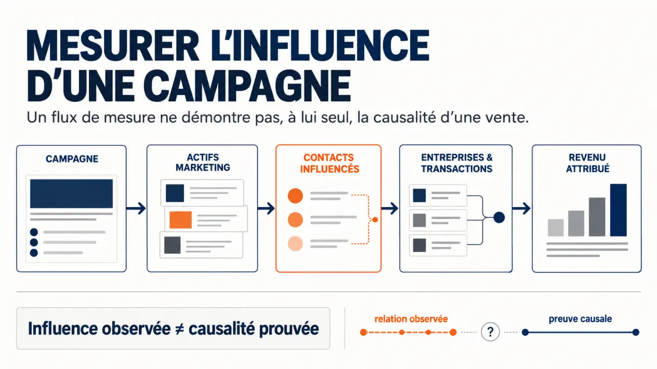 Schéma HubSpot gestion campagnes reportings entreprise reliant campagne, actifs, contacts influencés et revenu