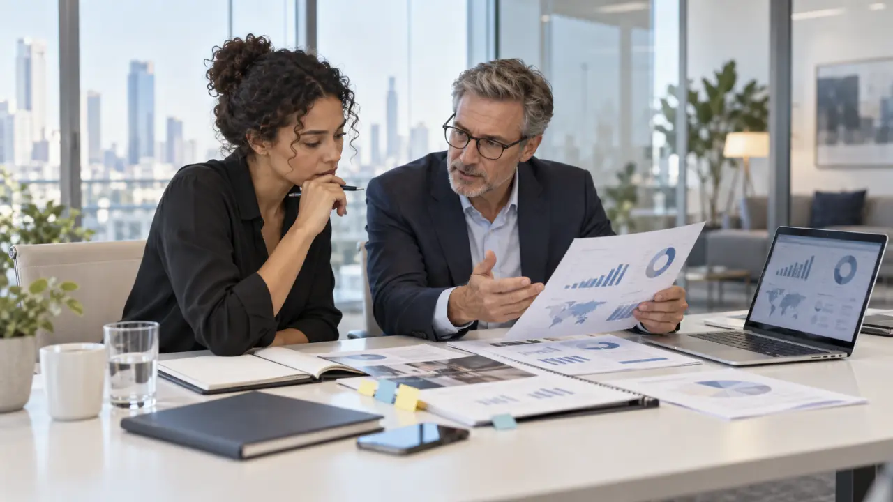 Dirigeants analysant un business plan de startup lors d'une réunion stratégique